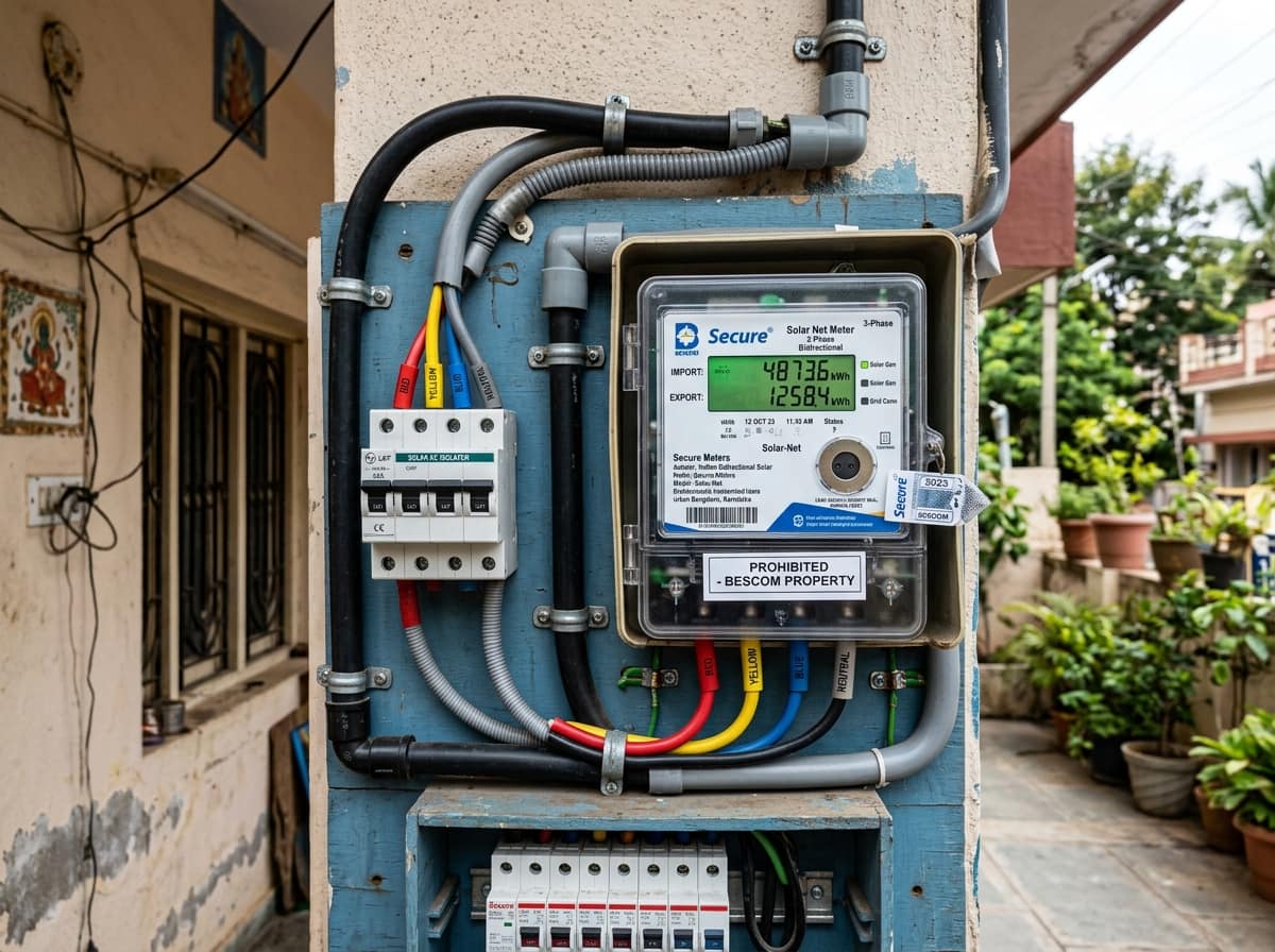 Net metering ke liye laga bijli meter, rooftop solar connection ke saath